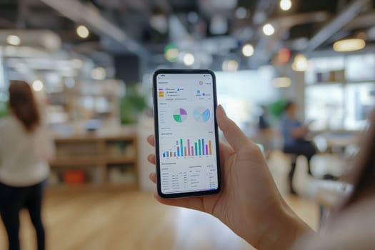 A person is holding a cell phone that has a graph on it. The graph is showing a downward trend
