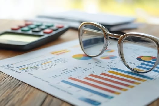 A pair of glasses sits on top of a piece of paper with a calculator and a few other items. Concept of focus and concentration, as the person using the calculator