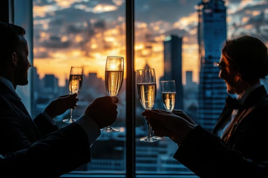 A man and woman are holding up their wine glasses in a city view. Scene is celebratory and happy