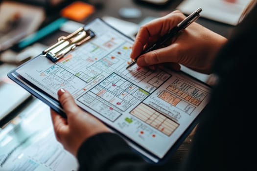 A person is writing on a blue clipboard with a pen. The clipboard has a drawing of a building on it. The person is using the clipboard to plan or sketch out ideas for the building