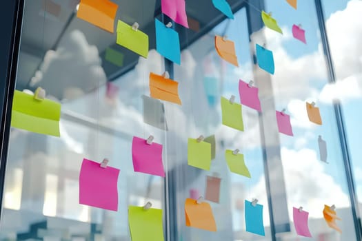 A wall covered in colorful sticky notes. The notes are in various colors and sizes, and they are hanging from a string. The wall appears to be a brainstorming board