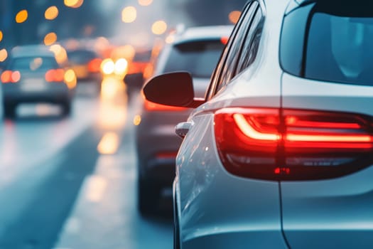 A car is driving down a street with other cars in the background. The car is white and has a red tail light. The scene is blurry and has a sense of motion