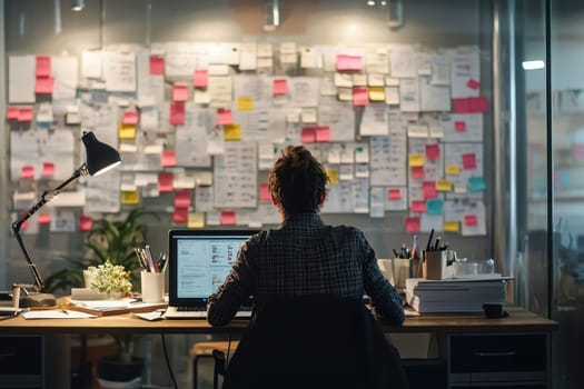 A woman is sitting at a desk with a computer and a wall of sticky notes. She is focused on her work and she is in a serious mood. The room is well-lit and organized, with a potted plant