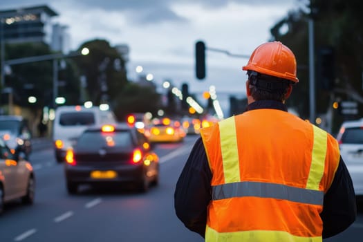 A man in an orange vest stands on a busy street. He is wearing a hard hat and is looking at the traffic