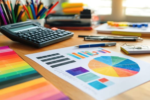 A colorful pie chart is on a table with a calculator, pens, and other office supplies. The chart is divided into different colored sections, each representing a different category