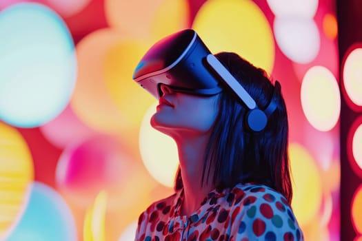 A woman wearing a virtual reality headset is looking at a colorful background. Concept of excitement and adventure, as the woman is about to embark on a new experience