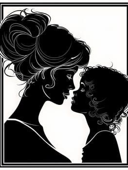 A mother and child are seen sharing a gentle moment depicted in silhouette art style