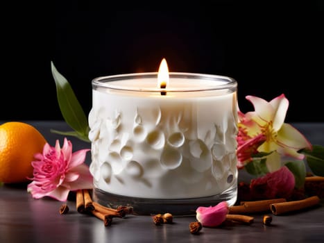 Elegant candle with vibrant flower petals, fresh fruits, and glowing flame. Perfect for creating a cozy atmosphere, ideal for wellness, home decor, and relaxation themes