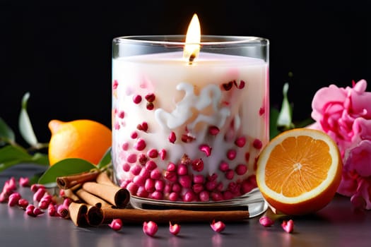 Elegant candle with vibrant flower petals, fresh fruits, and glowing flame. Perfect for creating a cozy atmosphere, ideal for wellness, home decor, and relaxation themes