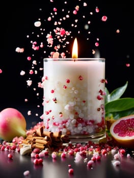 Elegant candle with vibrant flower petals, fresh fruits, and glowing flame. Perfect for creating a cozy atmosphere, ideal for wellness, home decor, and relaxation themes