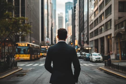 A man in a suit is walking down a city street. The scene is bustling with activity, with cars and buses driving by and people walking on the sidewalk. The man is in a hurry
