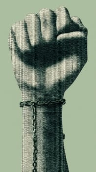 Powerful fist, adorned with intricate patterns, is breaking free from heavy chains, symbolizing the struggle for freedom and equality