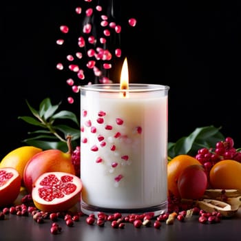 Inviting candle scene featuring colorful petals, aromatic fruits, and flickering flame. Captures essence of tranquility, ideal for promoting relaxation and spa experiences.