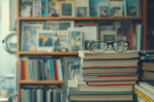 A stack of books with a pair of glasses on top. The books are piled high and the glasses are on top of them. The scene is set in a library or a study area