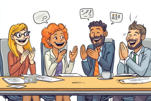 A group of people are sitting around a table, smiling and clapping. Scene is happy and celebratory