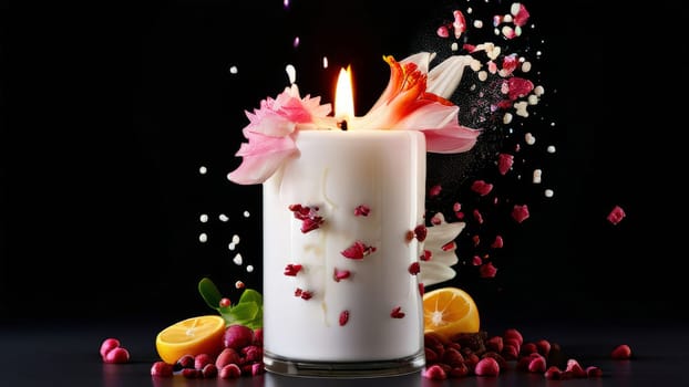 Inviting candle scene featuring colorful petals, aromatic fruits, and flickering flame. Captures essence of tranquility, ideal for promoting relaxation and spa experiences.