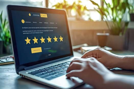 A laptop screen shows a person typing on a keyboard. The laptop is open to a page with a star rating system. The person is likely reviewing or rating something, such as a product or service