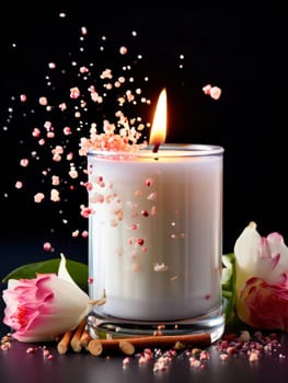 Inviting candle scene featuring colorful petals, aromatic fruits, and flickering flame. Captures essence of tranquility, ideal for promoting relaxation and spa experiences.