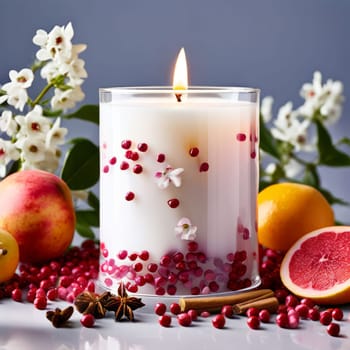 Soothing candle surrounded by fresh flowers, fruits, and scattered petals. Creates a calming ambiance, perfect for enhancing wellness, lifestyle, and home decor