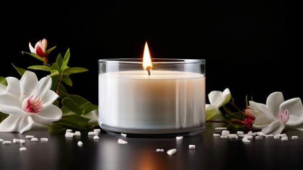Soothing candle surrounded by fresh flowers, fruits, and scattered petals. Creates a calming ambiance, perfect for enhancing wellness, lifestyle, and home decor