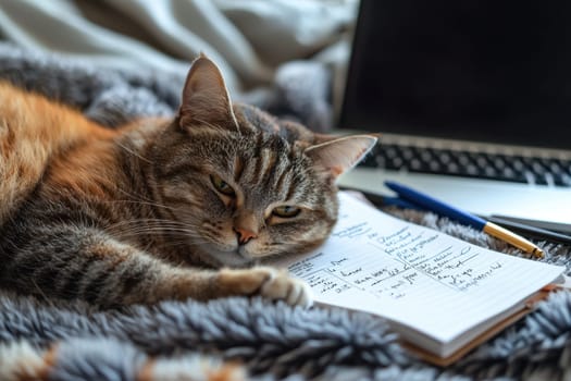 A cat is laying on a bed next to a notebook. The notebook has writing on it, and the cat appears to be looking at the notebook. Scene is calm and peaceful, as the cat seems to be relaxed