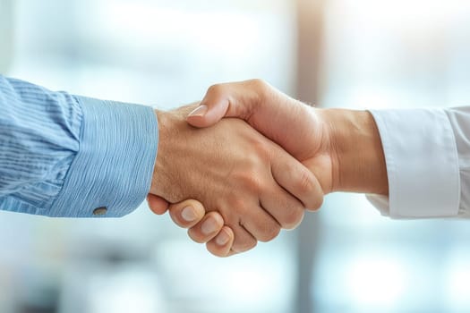 Two people shaking hands in a business setting. The handshake is a symbol of agreement and trust. Concept of professionalism and respect