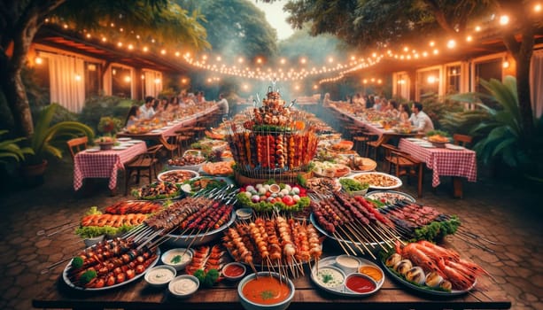 A lively family gathering in a garden setting, featuring a large outdoor table abundant with a variety of delicious Espeto dishes.