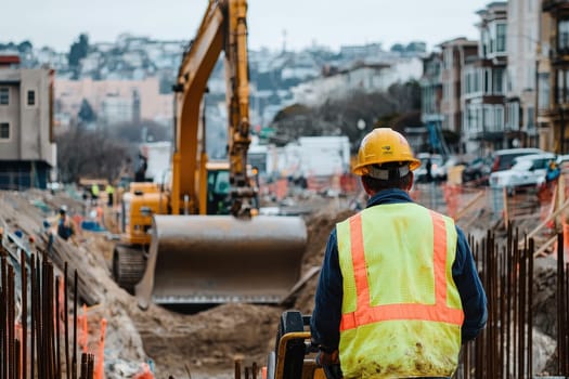 A man in a yellow vest is standing next to a large construction machine. The scene is set in a city with a mix of buildings and a busy street. The man is in charge of the construction site