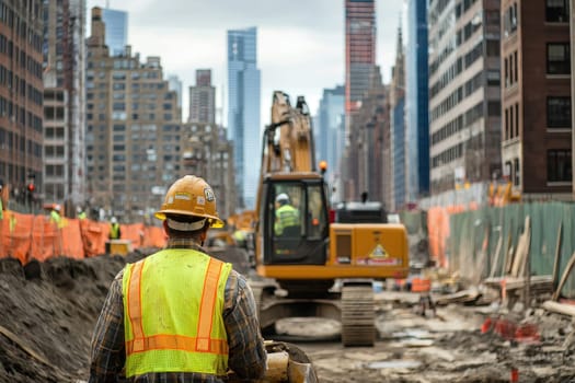 A construction worker wearing a yellow vest and a hard hat is standing next to a large construction machine
