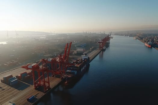 A large red crane is seen in the distance over a body of water. The crane is surrounded by other large cranes and ships. The scene is calm and peaceful, with the water