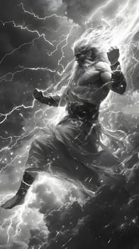 A mythical creature in a monochrome painting, standing in a lightning storm. The dark sky, wind waves, and powerful atmosphere create a sense of mythology and fiction