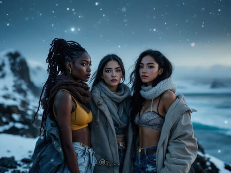 Three young multi-ethnic female models posing in a snowy mountain landscape, wearing winter clothes and looking serious. Ai generated