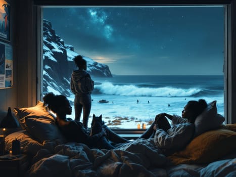 Three black teenage girls relaxing in bed and admiring surfers riding waves in a cold winter ocean at night. Ai generated