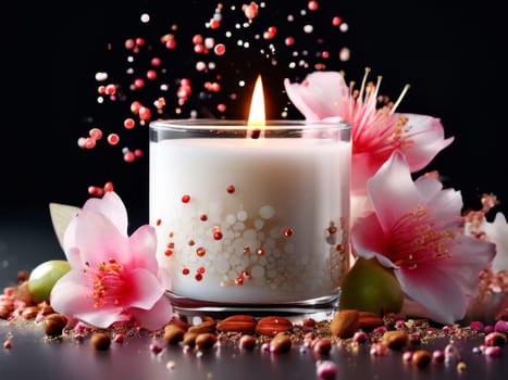 Serene candlelight surrounded by colorful petals and fruits. Evokes a sense of calm, ideal for wellness, lifestyle, and home decor imagery