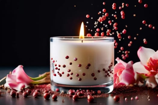 Serene candlelight surrounded by colorful petals and fruits. Evokes a sense of calm, ideal for wellness, lifestyle, and home decor imagery