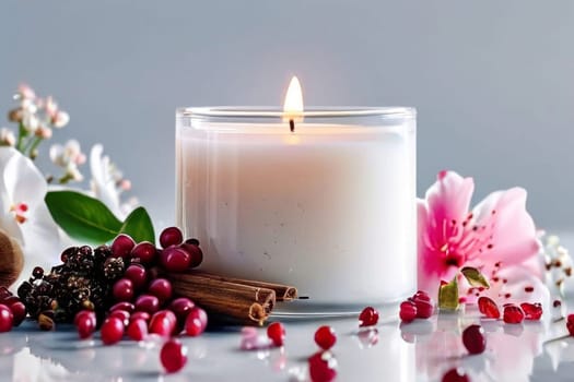 Serene candlelight surrounded by colorful petals and fruits. Evokes a sense of calm, ideal for wellness, lifestyle, and home decor imagery