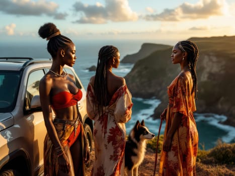Three stylish young black women in their 20s are enjoying a beautiful coastal sunset vista with their husky dog, creating a serene and picturesque scene. Ai generated