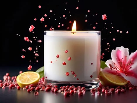 Serene candlelight surrounded by colorful petals and fruits. Evokes a sense of calm, ideal for wellness, lifestyle, and home decor imagery