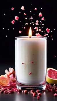 Elegant candle with warm flame surrounded by vibrant flower petals, lemon slices, and aromatic spices. Perfect for creating cozy atmosphere, ideal for wellness, home decor, and relaxation themes