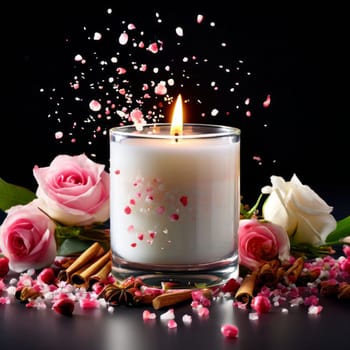 Elegant candle with warm flame surrounded by vibrant flower petals, lemon slices, and aromatic spices. Perfect for creating cozy atmosphere, ideal for wellness, home decor, and relaxation themes