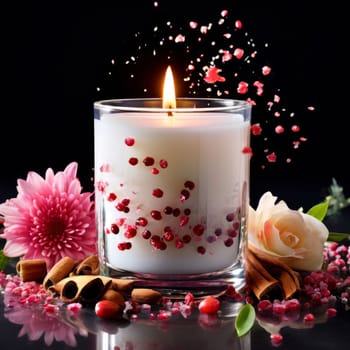 Elegant candle with warm flame surrounded by vibrant flower petals, lemon slices, and aromatic spices. Perfect for creating cozy atmosphere, ideal for wellness, home decor, and relaxation themes