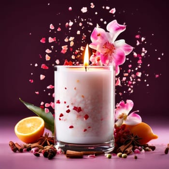 Elegant candle with warm flame surrounded by vibrant flower petals, lemon slices, and aromatic spices. Perfect for creating cozy atmosphere, ideal for wellness, home decor, and relaxation themes