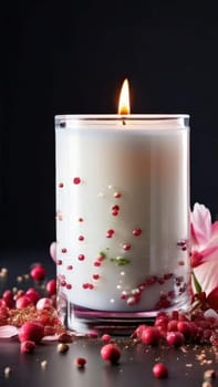 Soothing candle with beautiful flower petals, lemon, and aromatic spices creates calming atmosphere. Great for enhancing wellness, lifestyle, and cozy home decor