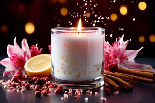 Soothing candle with beautiful flower petals, lemon, and aromatic spices creates calming atmosphere. Great for enhancing wellness, lifestyle, and cozy home decor