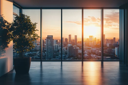 A large city view with a tree in the foreground. The sun is setting and the sky is orange