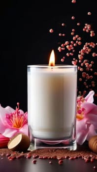 Soothing candle with beautiful flower petals, lemon, and aromatic spices creates calming atmosphere. Great for enhancing wellness, lifestyle, and cozy home decor