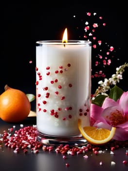 Luxurious candlelight surrounded by vibrant petals, lemon slices, and cinnamon sticks. Ideal for promoting relaxation, wellness, and inviting home environments