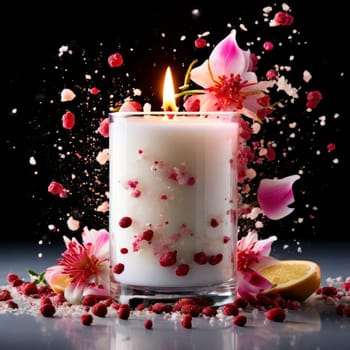 Luxurious candlelight surrounded by vibrant petals, lemon slices, and cinnamon sticks. Ideal for promoting relaxation, wellness, and inviting home environments