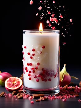 Luxurious candlelight surrounded by vibrant petals, lemon slices, and cinnamon sticks. Ideal for promoting relaxation, wellness, and inviting home environments