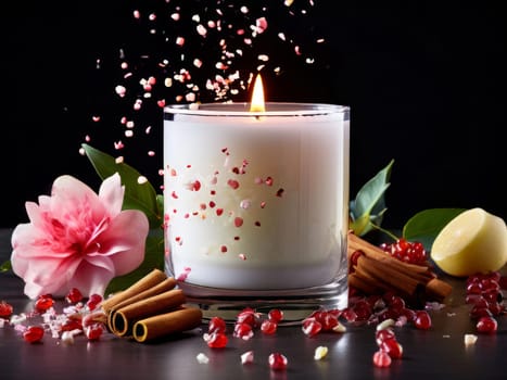 Luxurious candlelight surrounded by vibrant petals, lemon slices, and cinnamon sticks. Ideal for promoting relaxation, wellness, and inviting home environments